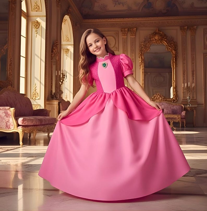 May include: A young person wearing a pink princess dress with a high collar, short sleeves, and a full skirt. The dress features a darker pink bodice and a jewel-like embellishment at the neckline. The background is a grand room with ornate decor.