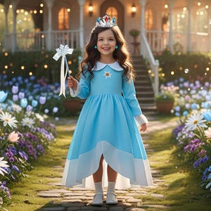 以下が含まれることがあります： 白い襟と星のエンブレムが付いた、水色のプリンセスドレスを着た若い人。赤と青の宝石が付いた銀色のティアラをかぶり、銀色の杖を持っています。ドレスは白いレースのカフスが付いた長袖です。背景には家と庭があります。