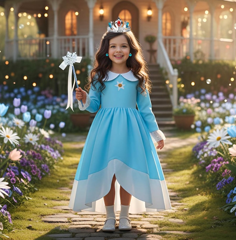以下が含まれることがあります： 白い襟と星のエンブレムが付いた、水色のプリンセスドレスを着た若い人。赤と青の宝石が付いた銀色のティアラをかぶり、銀色の杖を持っています。ドレスは白いレースのカフスが付いた長袖です。背景には家と庭があります。