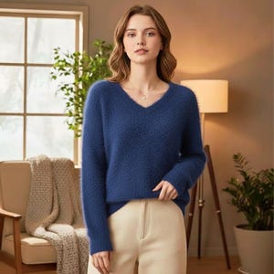 May include: A navy blue V-neck jumper with long sleeves. The jumper has a soft, textured appearance and is paired with cream-coloured trousers. The image is taken indoors with natural light and a neutral background.