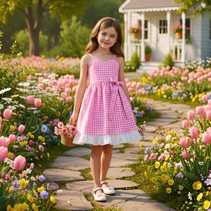 May include: A young person in a pink and white gingham dress with a white frilled hem, standing on a stone path in a garden. The dress features a bow at the waist. They are holding a basket of pink flowers and wearing white shoes.