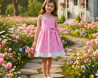 Girls Pink Gingham Summer Dress – Cottagecore Princess Patchwork Suspender Outfit