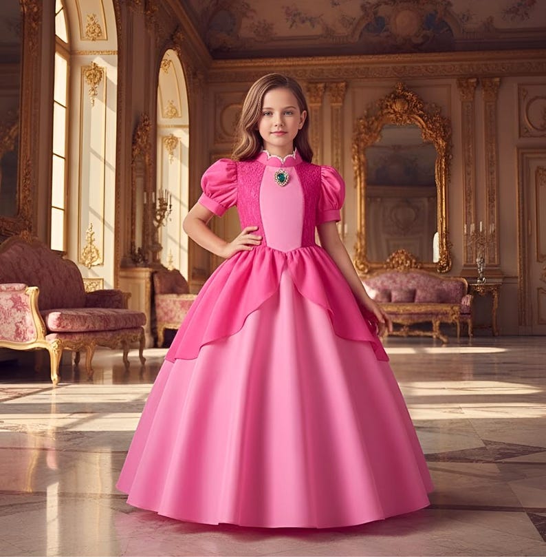 May include: A young girl wearing a pink princess gown with a jewel-adorned neckline. The dress features a layered skirt and short, puffed sleeves. The background is a grand room with ornate gold accents and a large mirror.