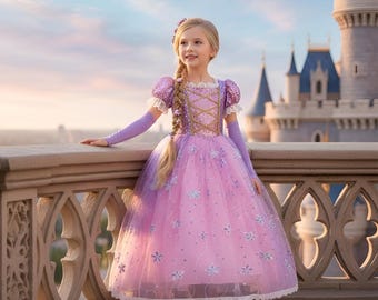 ラプンツェル風プリンセスドレスコスチューム、誕生日、ハロウィン、クリスマスパーティーにぴったりのディズニー風コスチューム