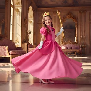 May include: A young person in a pink princess costume, including a crown, gloves, and a scepter. The dress is a layered design with a darker pink bodice and a lighter pink skirt. The background is a room with ornate gold accents.