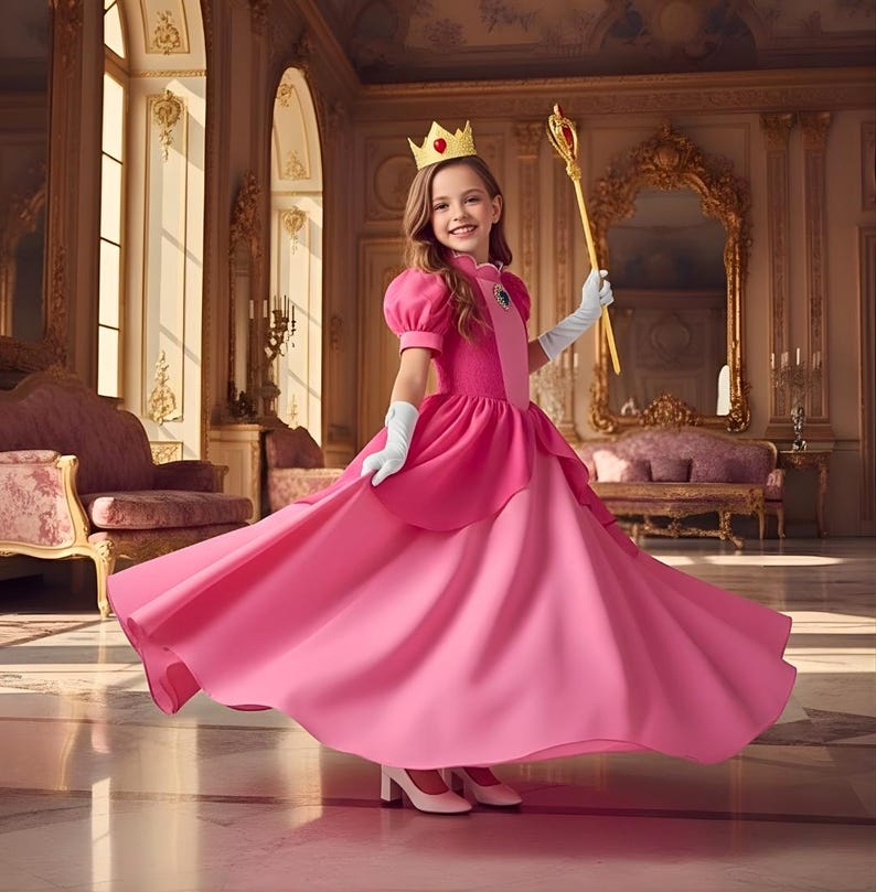 May include: A young person in a pink princess costume, including a crown, gloves, and a scepter. The dress is a layered design with a darker pink bodice and a lighter pink skirt. The background is a room with ornate gold accents.