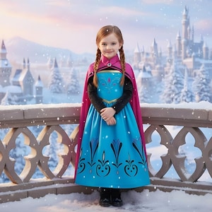 May include: A young girl in a blue and black dress with a pink cape, standing in a snowy landscape. The dress has decorative patterns and gold trim. The background features a castle and falling snow.