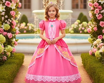 Princess Peach Costume for Girls – Super Mario Cosplay Dress for Halloween or Birthday