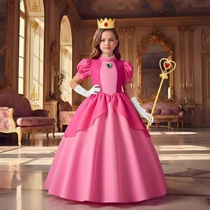 May include: A young person in a pink princess costume, complete with a gold crown and a scepter. The dress has a layered skirt and puff sleeves. White gloves complete the look. The background is a grand room with ornate decor.
