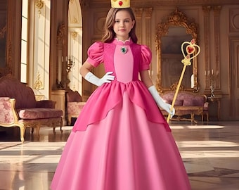Girls Princess Peach Dress – Princess Party Dress Up, Toddler Birthday & Halloween Costume, Super Mario Movie Outfit