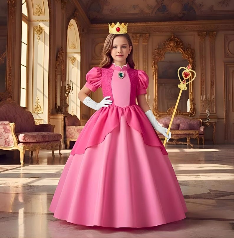 May include: A young person in a pink princess costume, complete with a gold crown and a scepter. The dress has a layered skirt and puff sleeves. White gloves complete the look. The background is a grand room with ornate decor.
