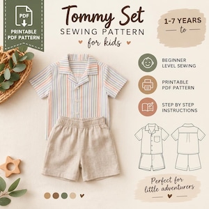 Puede incluir: Un patrón de costura para un conjunto Tommy infantil, que incluye una camisa de manga corta abotonada con rayas verticales en tonos pastel y pantalones cortos beige. La imagen incluye texto, un dibujo técnico y iconos de costura.