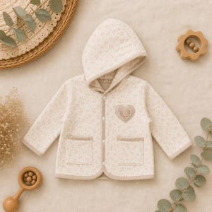 May include: A long-sleeved hooded jacket in a cream color with a delicate pink floral pattern. The jacket features a front button closure, two square pockets, and a heart-shaped patch on the left chest with a small floral embroidery detail.