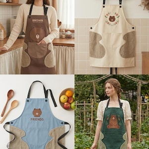 May include: A collection of four aprons featuring a bear motif, available in brown, cream, blue, and dark green. Each apron includes a central pocket, adjustable neck straps, and two side-mounted absorbent hand-drying patches for utility.