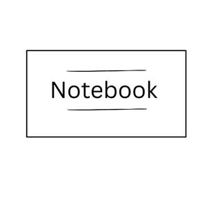 Puede incluir: Fondo blanco con un borde rectangular negro. Dentro del borde, la palabra "Notebook" está escrita en negrita, en negro, con una línea encima y debajo de la palabra.