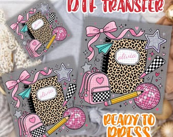 Custom Name Leopard Initial Youth Dtf, Back To School Girl Dtf, Coquette Bow Pencil Backpack Dtf, Custom Student Gift