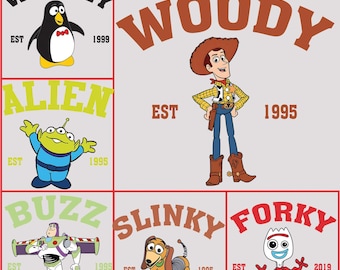 Retro Disney Pixar Toy Story All Characters Checkered Signature DTF,Woody, Buzz, Jessie, Bo Peep,Hamm,Slinky Dog,Aliens,Forky, Personalized