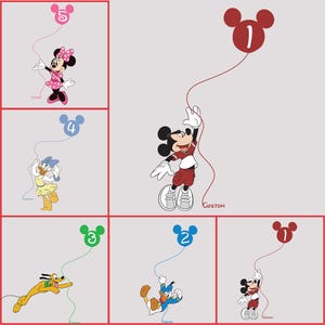 Puede incluir: Un collage de personajes de dibujos animados, incluyendo Mickey Mouse, Minnie Mouse, Donald Duck, Daisy Duck y Pluto, cada uno sosteniendo un globo. Los globos est&aacute;n numerados del 1 al 5 y son de varios colores. Los personajes est&aacute;n sobre un fondo gris.