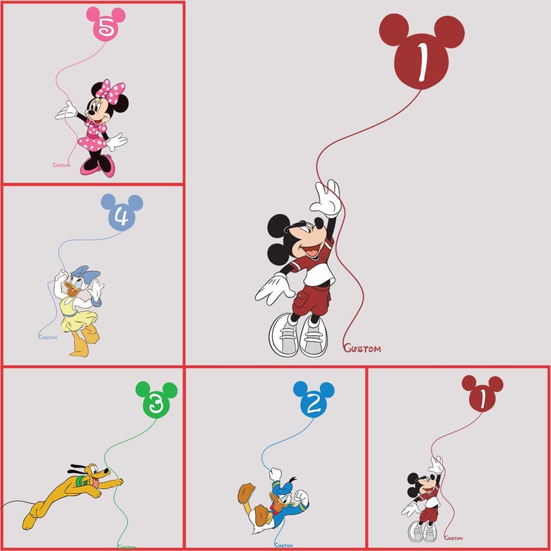 Puede incluir: Un collage de personajes de dibujos animados, incluyendo Mickey Mouse, Minnie Mouse, Donald Duck, Daisy Duck y Pluto, cada uno sosteniendo un globo. Los globos est&aacute;n numerados del 1 al 5 y son de varios colores. Los personajes est&aacute;n sobre un fondo gris.