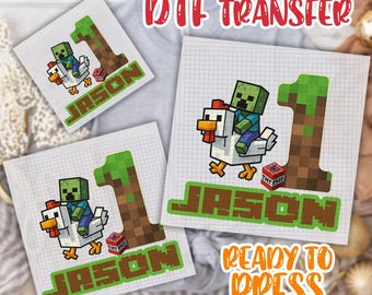 Transferencia DTF personalizada de pollo Jkey MineC para cumpleaños, MineC DTF, personalizada para fiestas infantiles de niños y niñas, DTF a juego para la familia, Minecraft