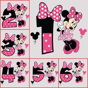 May include: A collection of Minnie Mouse-themed birthday graphics featuring the numbers 1 through 6. Each number is black with a pink polka-dot design, accompanied by a Minnie Mouse character and a matching bow.
