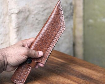 Handmade Damascus Steel Knife | Engraved Blade, Leather Sheath