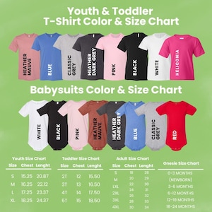 a variety of youth and toddler t-shirt colors and sizes, including white, black, pink, grey, and red, as well as different types of baby suits.