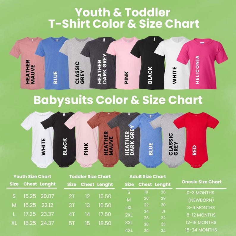 a variety of youth and toddler t-shirt colors and sizes, including white, black, pink, grey, and red, as well as different types of baby suits.