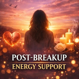 Puede incluir: Imagen con un fondo de puesta de sol, un corazón roto y velas. El texto dice "POST-BREAKUP ENERGY SUPPORT" y "PSYCHIC SEDA". Se ve a una mujer de espaldas, mirando la puesta de sol.