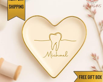 Plato personalizado para anillos de dentista, plato para joyas con diseño de líneas de dientes personalizado, regalo para higienista dental, bandeja minimalista de cerámica para baratijas, consultorio dental