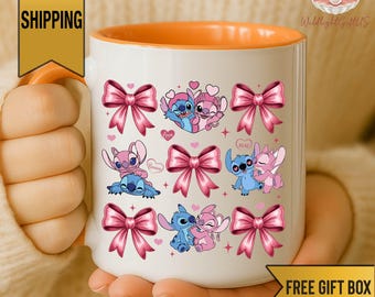 Stitch and Angel Valentine Mug, Disney Couple Coffee Mug, Pink Bow Stitch Mug, Cute Valentine Disney Gift, Love Mug