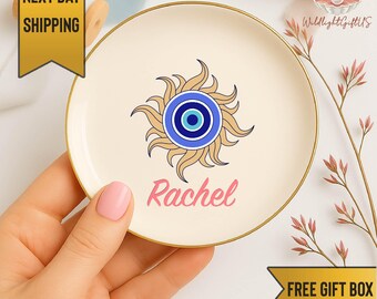 Personalized Evil Eye Ring Dish, Custom Name Nazar Jewelry Tray, Protection Gift for Women, Blue Eye Trinket Dish, Good Luck Gift Boxed
