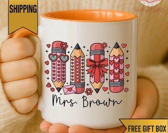 Personalized Teacher Valentine Mug, Pencil Valentine Mug, Custom Teacher Name Mug, Cute Teacher Gift, Valentines Day Teacher Cup