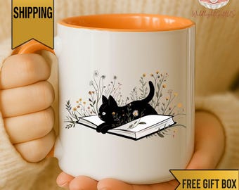 Black Cat Reading Book Mug, Book Lover Cat Coffee Mug, Cozy Aesthetic Mug, Cat Lover Gift, Literary Mug for Readers