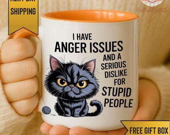 Angry Cat Mug, Funny Sarcastic Cat Coffee Mug, I Have Anger Issues Mug, Grumpy Cat Lover Gift, Adult Humor Mug
