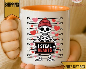 I Steal Hearts Mug, Funny Skeleton Valentine Mug, Cute Skull Coffee Mug, Valentine Gift for Her Him, Gothic Love Mug
