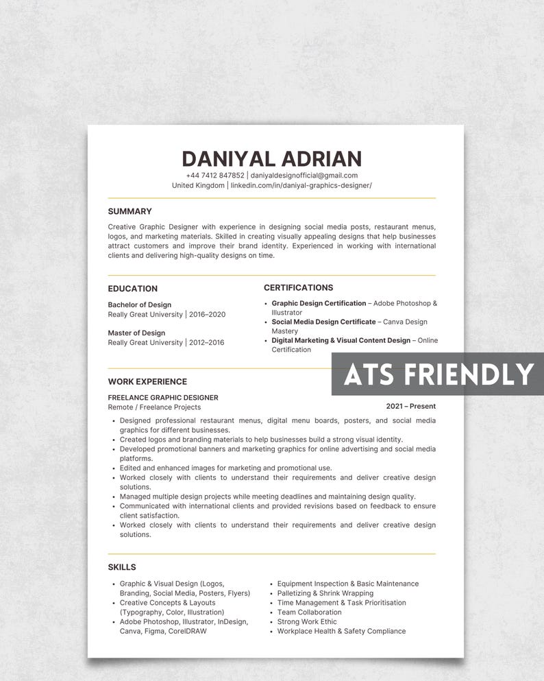 ATS Friendly Resume Canva Template, Editable Resume & Cover Letter ...