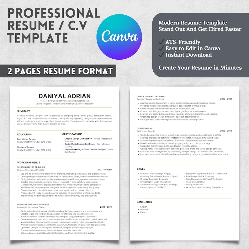 ATS Friendly Resume Canva Template, Editable Resume & Cover Letter ...