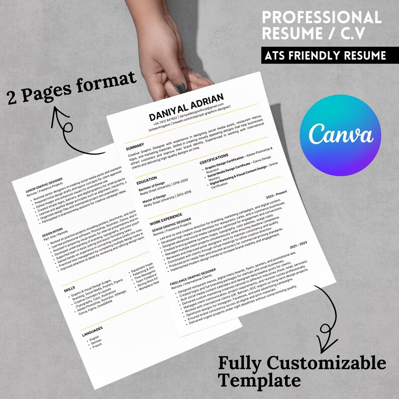 ATS Friendly Resume Canva Template, Editable Resume & Cover Letter ...