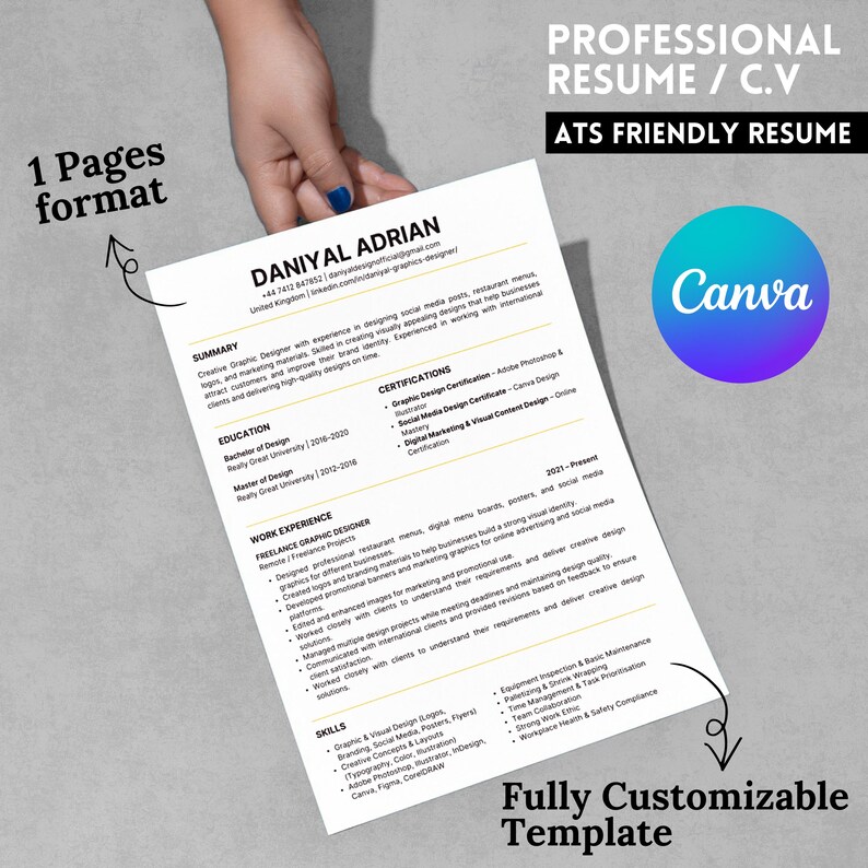 ATS Friendly Resume Canva Template, Editable Resume & Cover Letter ...