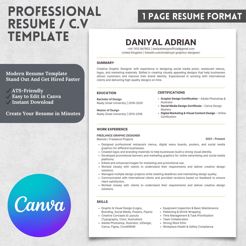 ATS Friendly Resume Canva Template, Editable Resume & Cover Letter ...