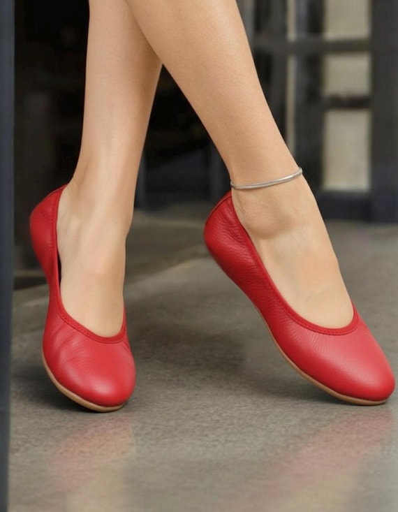 Handmade Red Leather Ballet Flats – Premium Leather Shoes with Soft Leather Sole, Minimalist Comfortable Women’s Flats. Barefoot flats