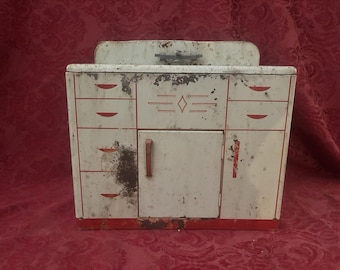 Vintage Tin Litho Toy Doll Wolverine Kitchen Sink Red White Cabinet Storage