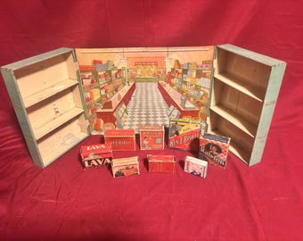 Vtg 1930s-50s Wolverine Tin Litho 10pc General Store Grocery Child's Playset