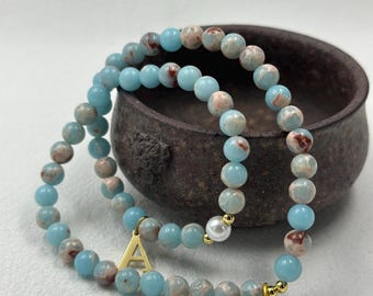 Personalized Shoushan Stone Bracelet – Natural Beads with Letter Charm, Xmas Gift