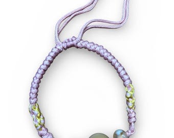 Lavender Cord Beaded Bracelet with Natural Agate & Quartz – Adjustable Macrame Bracelet