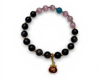 Black Obsidian & Rose Agate Bracelet with Chinese Hulu Charm – Protection and Balance Jewelry