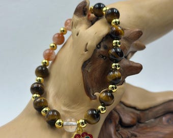 Tiger Eye & Red Rutilated Quartz Bracelet with Gold Accents | Confidence and Focus Energy Bracelet