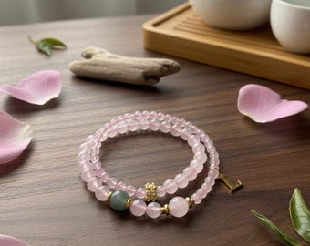 Rose Quartz and Aventurine Bracelet – Personalized Letter Charm, Healing Crystal Gift for Her