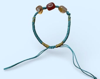 Handmade Macrame Agate Bracelet, Teal Cord, Adjustable Boho Jewelry